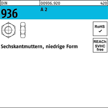 Sechskantmutter DIN 936 M 10 A 2 50 Stück 009369200100000