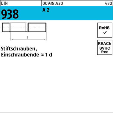 Stiftschraube DIN 938 M6x 16 A 2 25 Stück 009389200060016