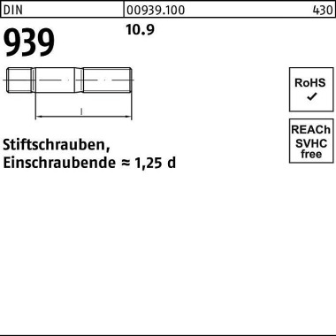 Stiftschraube DIN 939 M20 x 200 10.9 Einschraubende =1,25d 1 Stück 009391000200200