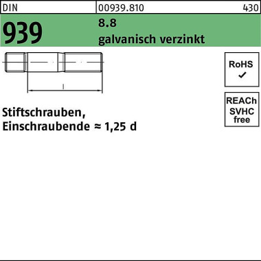 Stiftschraube DIN 939 M6x 16 8.8 galv.verz. Einschr aubende=1,25d 100St. 009398100060016