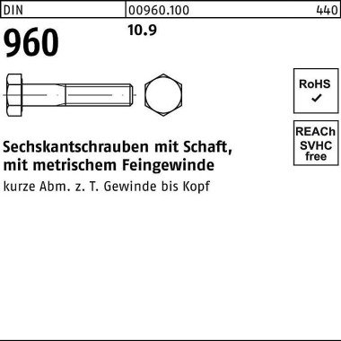 Sechskantschraube DIN 960 Schaft M10x1,25x 70 10.9 100 Stück 009601000101070