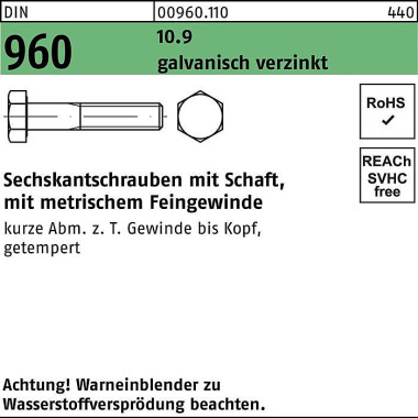 Sechskantschraube DIN 960 Schaft M12x1,5x50 10.9 g alv.verz. 100St. 009601100120050