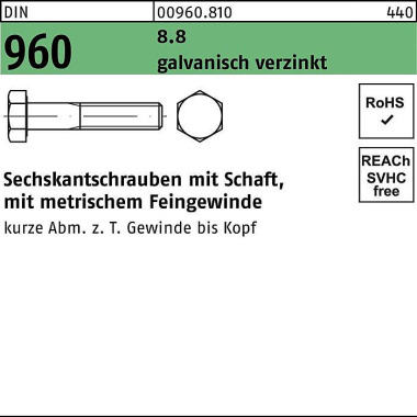 Sechskantschraube DIN 960 Schaft M12x1,5x140 8.8 g alv.verz. 50Stück 009608100121140