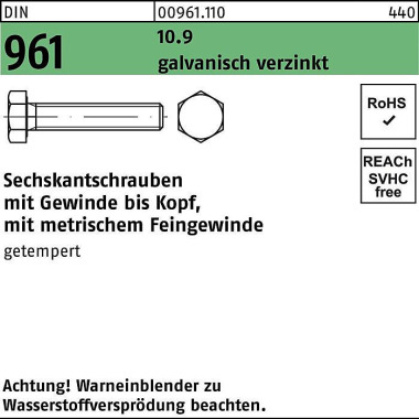 Sechskantschraube DIN 961 VG M12x1,25x 35 10.9 gal v.verz. 200 Stück 009611100122035