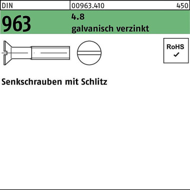 Senkschraube DIN 963 Schl itz M3x 5 4.8 galv.verz. 2000 Stück 009634100030005