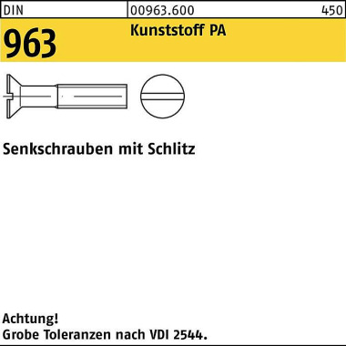 Senkschraube DIN 963 Schl itz M3x 12 Polyamid 200 S tück 009636000030012