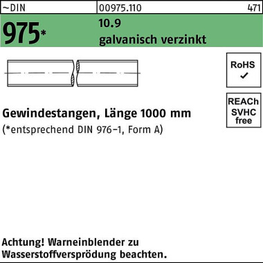 Gewindestange DIN 975 M10 x 1000mm 10.9 galv.verz. 1 Stück 009751100100000