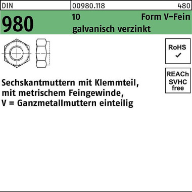 Sechskantmutter DIN 980 K lemmteil VM 12x 1,5 10 ga lv.verz. 100 Stück 009801180120150