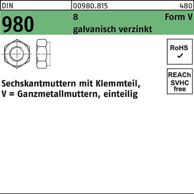 Sechskantmutter DIN 980 K lemmteil VM 20 8 galv.ver z. 50 Stück 009808150200000