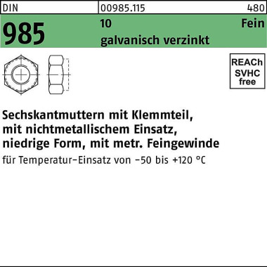 Sechskantmutter DIN 985 K lemmteil M20x 1,5 10 galv .verz. 50 Stück 009851150200150