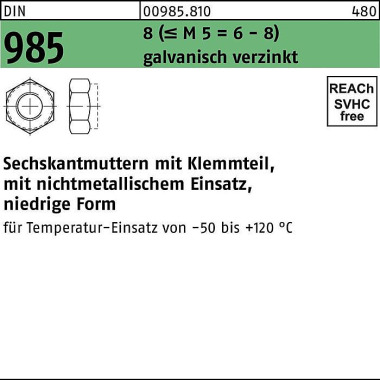 Sechskantmutter DIN 985 K lemmteil M16 8 (=M 5 = 6/ 8 ) galv.verz. 100St. 009858100160000