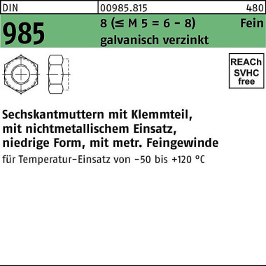 Sechskantmutter DIN 985 K lemmteil M8x1 8 (=M 5 = 6 /8 ) galv.verz. 500St. 009858150080100