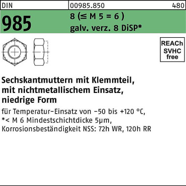 Sechskantmutter DIN 985 K lemmteil M8 8 (=M5 = 6 ) galv.verz. 8 DiSP 1000St. 009858500080000