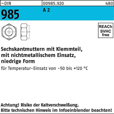 Sechskantmutter DIN 985 K lemmteil M10 A 2 50 Stück 009859209100000