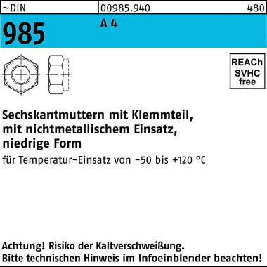 Sechskantmutter DIN 985 K lemmteil M10 A 4 500 Stüc k 009859400100000