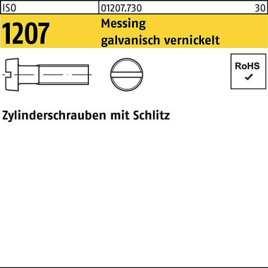 Zylinderschraube ISO 1207 Schlitz M3x10 Messing ga lv. vernickelt 200St. 012077309030010