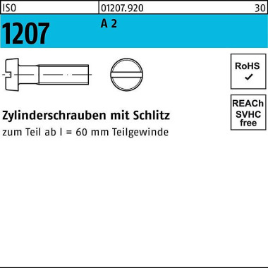 Zylinderschraube ISO 1207 Schlitz M1,6x 8 A 2 2000 Stück 012079200016008