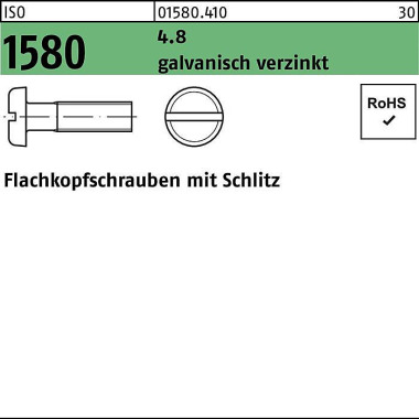 Flachkopfschraube ISO 158 0 Schlitz M6x 30 4.8 galv .verz. 500 Stück 015804100060030