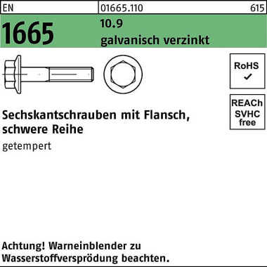 Sechskantschraube EN 1665 Flansch M12x 45 10.9 gal v.verz. 100 Stück 016651100120045