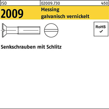 Senkschraube ISO 2009 Sch litz M3x 16 Messing galv. vernickelt 200 Stück 020097309030016