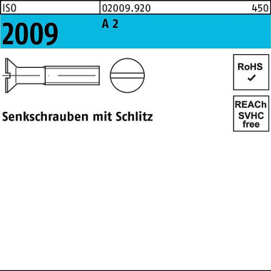 Senkschraube ISO 2009 Sch litz M6x 100 A 2 50 Stück 020099209060100