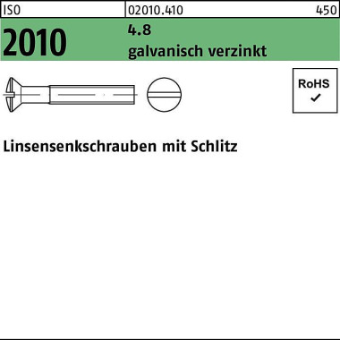 Linsensenkschraube ISO 20 10 Schlitz M3x 10 4.8 gal v.verz. 200 Stück 020104109030010