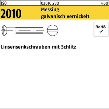 Linsensenkschraube ISO 20 10 Schlitz M4x20 Messing galv. vernickelt 200St. 020107309040020