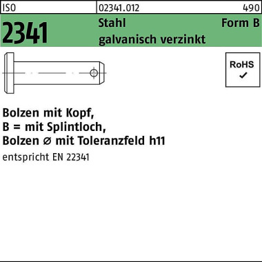 Bolzen ISO 2341 Kopf/Spli ntloch B 8x30x26,5 Stahl galv.verz. 100St. 023410120080030