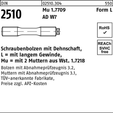 Schraubenbolzen DIN 2510 Dehnschaft/2Muttern LM 24 x 200 Mu 1.7709 1 Stück 025103040240200