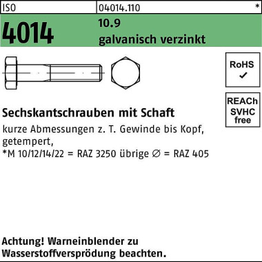 Sechskantschraube ISO 401 4 Schaft M8x 100 10.9 gal v.verz. 100 Stück 040141100080100