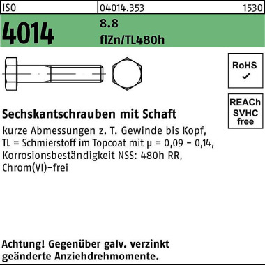 Sechskantschraube ISO 401 4 Schaft M6x55 8.8 flZnnc 480h-L 200St. 040143530060055