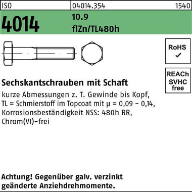 Sechskantschraube ISO 401 4 Schaft M8x35 10.9 flZnn c 480h-L 200St. 040143540080035