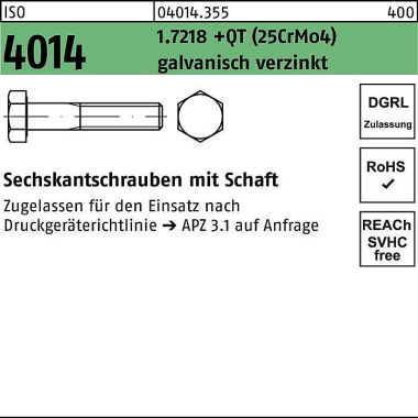 Sechskantschraube ISO 401 4 Schaft M20x90 1.7218 +Q T (25CrMo4) galv.verz. 25 St. 040143550200090