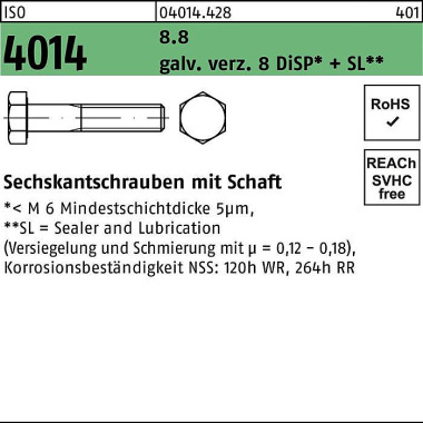 Sechskantschraube ISO 401 4 Schaft M6x95 8.8 galv.v erz. 8 DiSP+SL 100St. 040144280060095