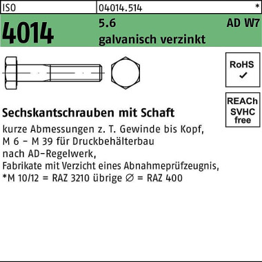 Sechskantschraube ISO 401 4 Schaft M20x 130 5.6 W7 galv.verz. 25St. 040145140200130