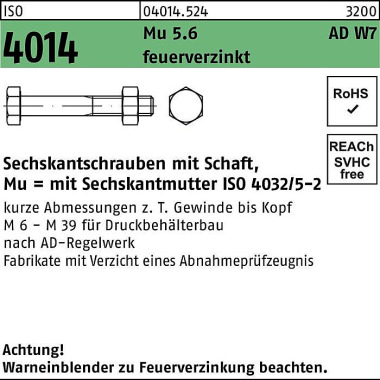 Sechskantschraube ISO 401 4 Schaft M12x 55 Mu 5.6 W 7 feuerverz. 100 Stück 040145240120055