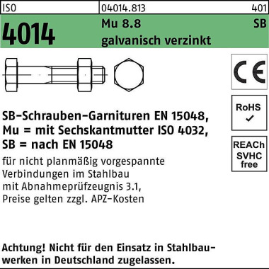 Sechskantschraube ISO 401 4 Schaft/Mutter M12x50 Mu 8.8 galv.verz. SB 100St. 040148130120050