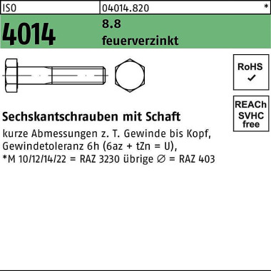 Sechskantschraube ISO 401 4 Schaft M10x 75 8.8 feue rverz. 100 Stück 040148200100075