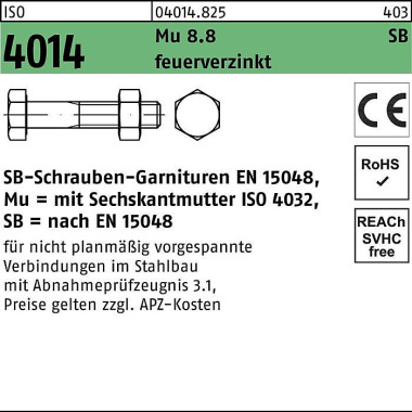 Sechskantschraube ISO 401 4 Schaft/Mutter M12x 110 8.8 feuerverz. SB 50St. 040148250120110