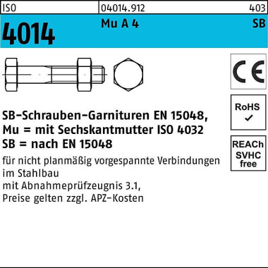 Sechskantschraube ISO 401 4 Schaft/Mutter M16x 120 A 4 SB 25 Stück 040149120160120