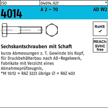 Sechskantschraube ISO 401 4 Schaft M12x 50 A 2 - 70 AD-W2 50 Stück 040149270120050