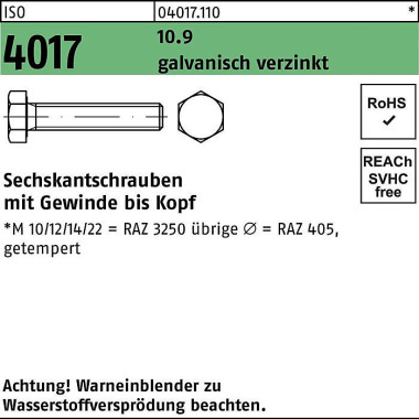 Sechskantschraube ISO 401 7 VG M6x 45 10.9 galv.ver z. 200 Stück 040171100060045