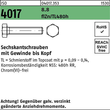 Sechskantschraube ISO 401 7 VG M6x12 8.8 flZnnc 480 h-L 500St. 040173530060012