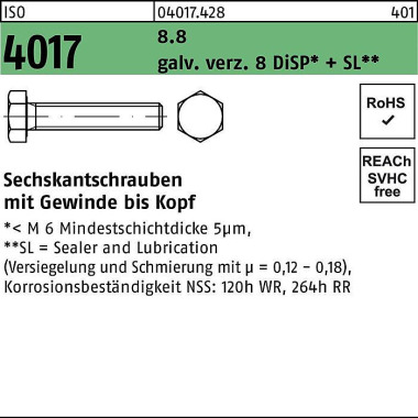 Sechskantschraube ISO 401 7 VG M4x 16 8.8 galv.verz . 8 DiSP+SL 500 Stück 040174280040016