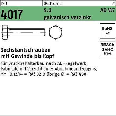 Sechskantschraube ISO 401 7 VG M6x 50 5.6 AD W7 gal v.verz. 200 Stück 040175140060050