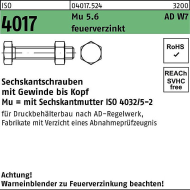 Sechskantschraube ISO 401 7 VG Mutter M12x 35 5.6 A D W7 feuerverz. 100St. 040175240120035