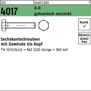 Sechskantschraube ISO 401 7 VG M5x 70 8.8 galv.verz . 200 Stück 040178100050070