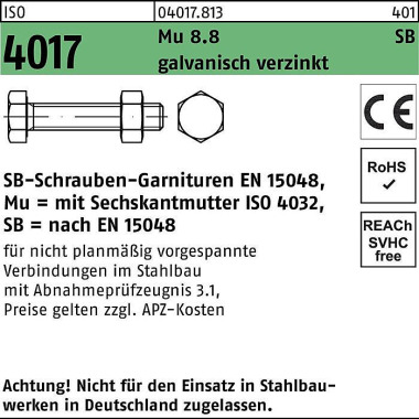 Sechskantschraube ISO 401 7 VG M10x 45 8.8 galv.ver z. SB 100 Stück 040178130100045