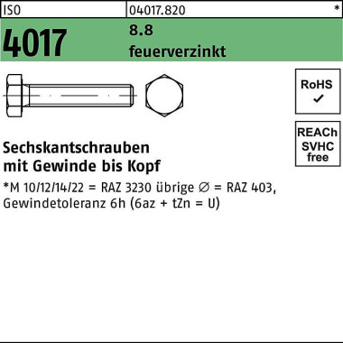 Sechskantschraube ISO 401 7 VG M6x 25 8.8 feuerverz . 500 Stück 040178200060025