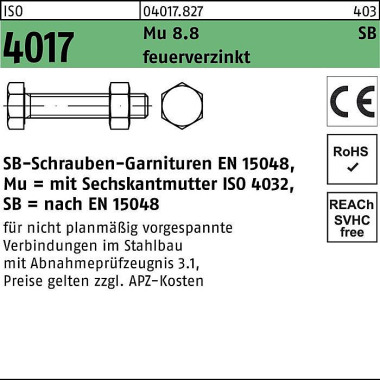 Sechskantschraube ISO 401 7 VG Mutter M10x 60 8.8 f euerverz. SB 100 Stück 040178270100060